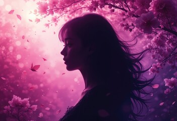 Silhouette of Woman Beneath Blooming Cherry Tree with Falling Petals
