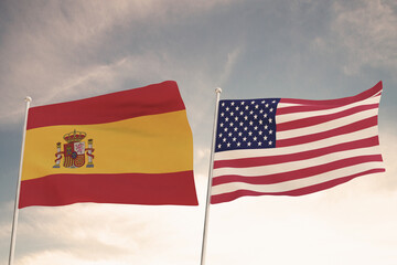Flags of SPAIN AND United States of America USA waving with cloudy blue sky background, relations between countries 3D rendering.