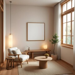 square japandi-style empty frame mockup in modern cozy living room, warm wood furniture, textured walls, soft linen sofa, neutral decor