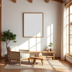 square japandi-style empty frame mockup in modern cozy living room, warm wood furniture, textured walls, soft linen sofa, neutral decor