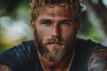 Fototapeta premium Man with beard and tattoos outdoors