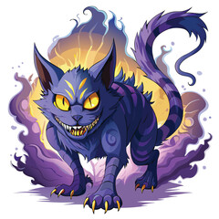 Illustrate a fearsome bakeneko, a monstrous two-tailed Japanese cat, glowing ominously in the dark.  Show intense detail and a menacing expression.