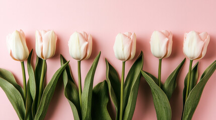 Obraz premium Delicate White Tulips: A Soft Touch of Elegance Against a Pink Canvas of Love
