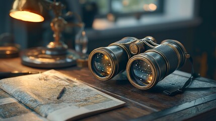 Antique binoculars on a desk with a map and lamp.