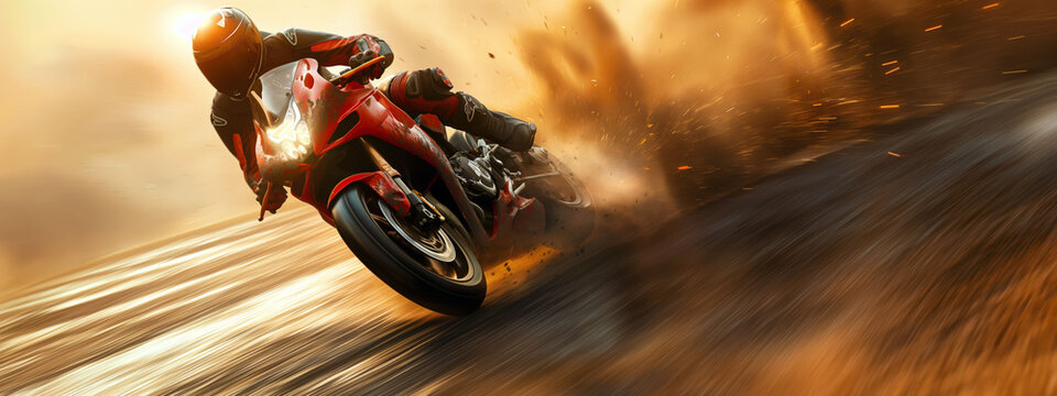 Dynamic motorcycle race on a winding track with dust flying and motion trails showing intense speed and skill