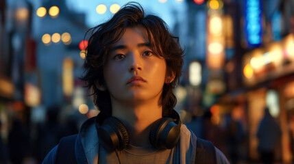 Obraz premium Curious teenage boy in bustling urban setting at dusk with headphones around his neck