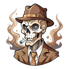 A dapper skull, wearing a fedora and smoking a sophisticated cigar, engages in conversation.  The skull's expression is witty and charming.