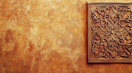 Intricate Wooden Carving on Textured Warm Orange Background