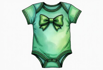 Watercolor Green Bodysuit for Baby Girl: Adorable Clipart with Two Bows, Perfect for Baby Shower Invitations, Personalized Gifts, and Nursery Decor, Cute Infant Outfit Graphic for Baby Products.