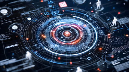 Digital Core: Futuristic technology interface with concentric circles, glowing red core, and miniature figures, representing data processing, network security or artificial intelligence.