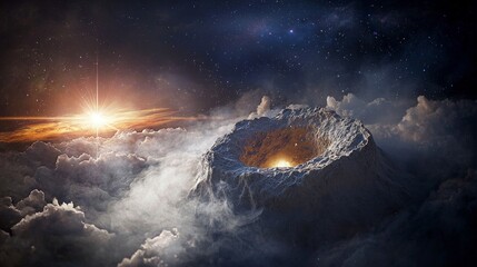 Alien Planet  Crater  Sunset  Clouds  Stars  Cosmic Landscape