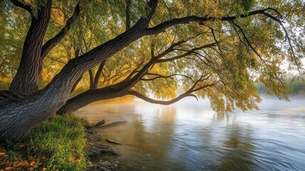 Serene Autumn Riverbank: Majestic Tree Overlooking Calm Waters