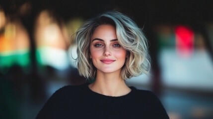Obraz premium Beautiful Woman Blonde Bob Haircut Fashion Makeup Portrait