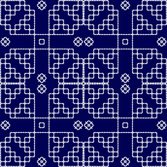 stitch Japanese Sashiko pattern embroidery abstract seamless geometric ornaments white stitch line artwork indigo blue background fashion design template decoration hand drawn printed needlework quilt