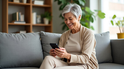 Obraz premium An elderly woman with gray hair sits on a cozy sofa in a bright room, happily using her smartphone