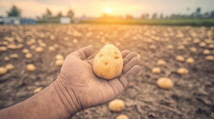 Obraz premium Farmer s Hand Holding Potato at Sunset Agriculture Harvest Rural Scene