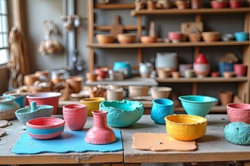 Colorful Handmade Pottery Displayed in Workshop