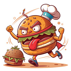 A cartoon burger with legs striding purposefully, a determined facial expression.  Rendered in a whimsical, slightly surreal style.