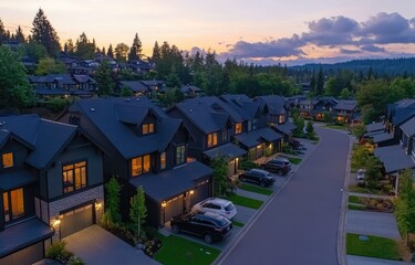 Obraz premium Aerial view of modern townhouses at twilight