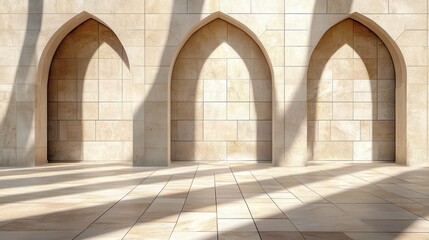 Serene Architectural Interior with Arched Doorways and Soft Lighting