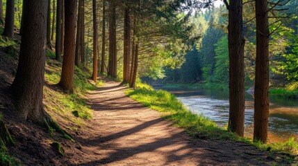 Fototapeta premium Serene Forest Trail by the River: A Peaceful Morning Walk