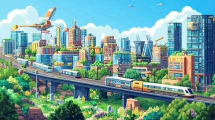Fototapeta premium Futuristic Cityscape: A Vibrant Metropolis with Green Spaces and Modern Trains