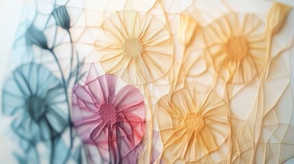 Abstract Floral Art  Woven Textile Flowers  Beige  Purple  Blue Hues