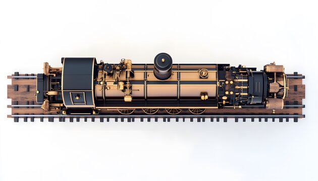 Detailed top view of an intricate black and gold steam locomotive