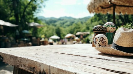 Fototapeta premium Rustic Wooden Table Fiesta Decor Sombreros Maracas Outdoor Setting
