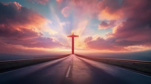 Glowing Christian cross on empty road at dramatic sunset. Religious symbol with divine light rays. Easter, Christmas and Good Friday spiritual background.