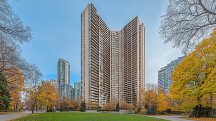 Obraz premium Autumnal view of high-rise apartment building in city park. Possible stock photo use Architectural scene
