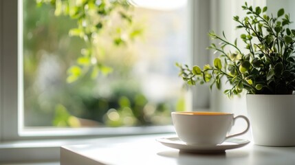 Video generation in a modern living room with a person sipping tea while looking out the window. Featuring comfort and reflection