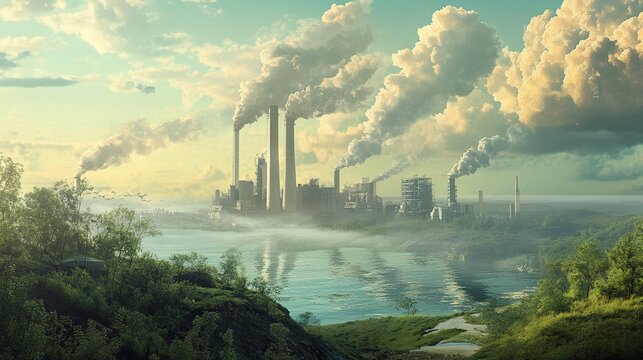 A factory with smokestacks emitting large clouds of white vapor, near the river, surrounded by greenery. The scene is bathed in soft light and has an airbrush art style. It's a highly detailed, high-r