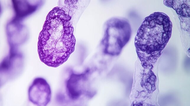 Aging cells under microscope in a professional research lab. Featuring chromosomal instability and cellular breakdown