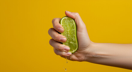 Squeezing lime in hand against yellow background. Hand Squeezing lime with juice drops. Close up of hand squeezing fresh lime