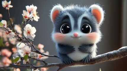 Cute cartoon animal, a fluffy, stylized possum-like creature with big eyes, sitting on a tree branch amongst blossoming spring flowers.