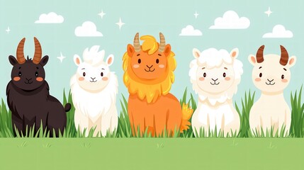 Naklejka premium Adorable Cartoon Farm Animals Sheep Goat Lambs in Grassy Field
