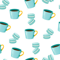 Vector seamless pattern with coffee cup and macarons in mint color isolated on white background.