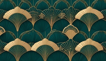 Elegant Teal and Gold Fan Motif, Decorative Pattern with Luxury Appeal