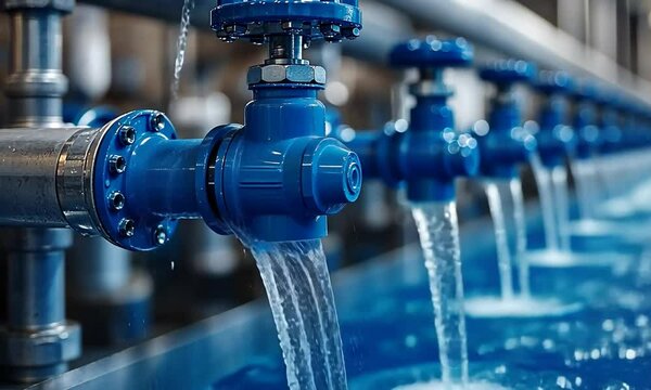 Industrial water flow system featuring blue valves and pipes with splashing water in a factory