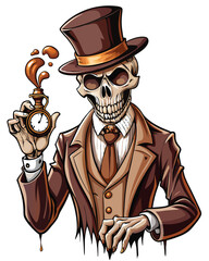 A dapper skeleton, clad in a top hat and tails, elegantly holds a pocket watch.  The scene is darkly lit, emphasizing the skeletal figure.