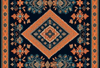 Obraz premium Intricate Floral Pattern with Ornamental Details, Dark Indigo and Coral
