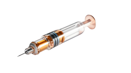A syringe with a needle is shown in a close up