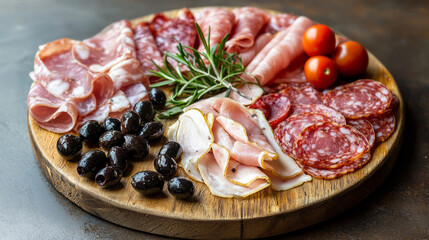A wooden plate with various pieces of meat, including salami and ham slices, generative AI