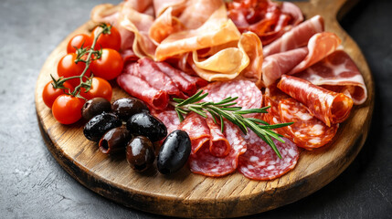 A wooden plate with various pieces of meat, including salami and ham slices, generative AI