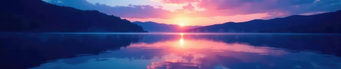 Obraz premium Abstract blue glow illuminates serene lake at dusk, sunset, natural light