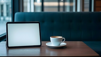 Mockup image of tablet with plain white screen and coffee cup on wooden table in cafe,blurry background