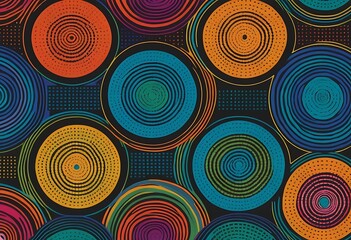 Fototapeta premium Vibrant Retro Circles on Dark Backdrop, An Abstract Geometric Pattern