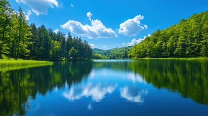Serene Lake Reflection in Lush Green Forest