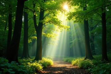 Obraz premium dappled light filtering through forest canopy, shade, light, sunlight